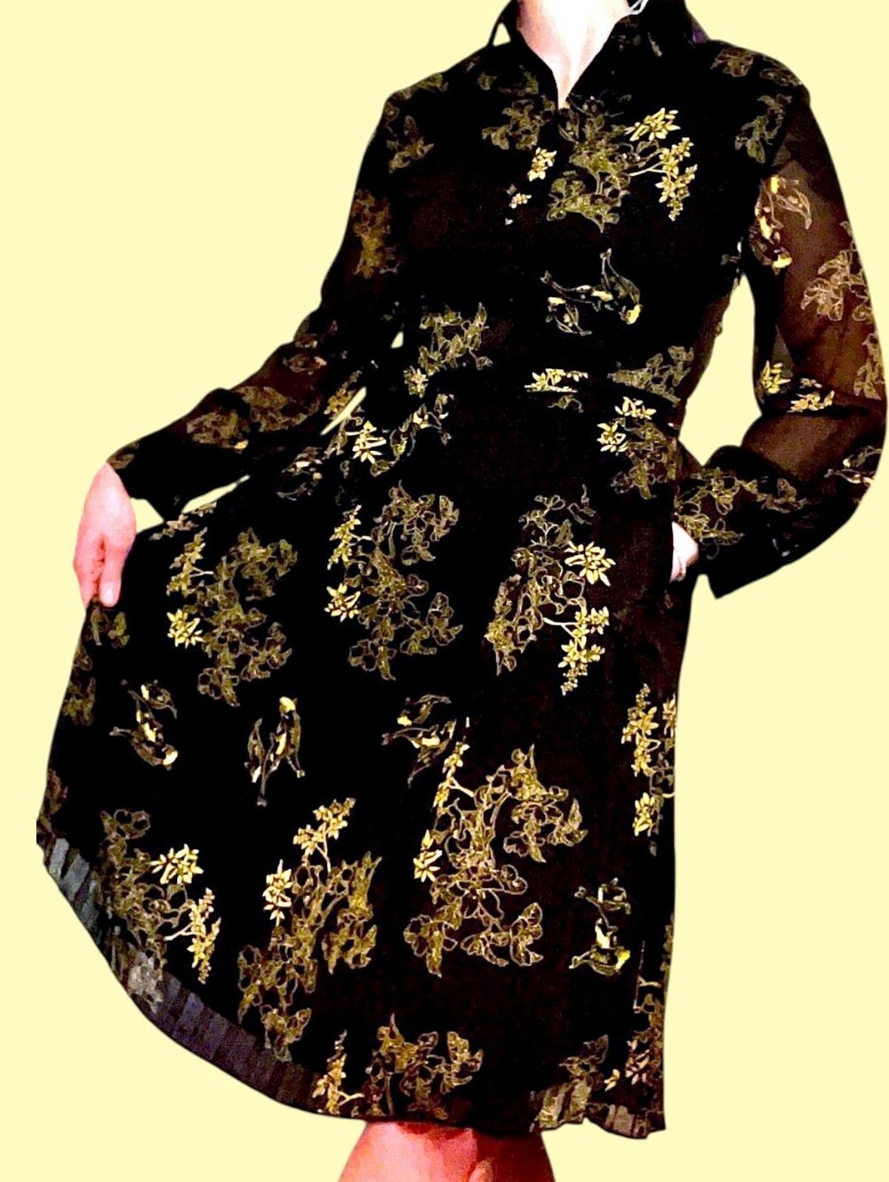 Poet Dresses "HAIKU" Black Long Sleeve Collared Dress Gold Koi Print,  Size L